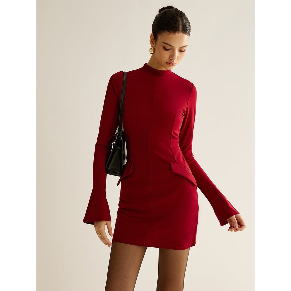 Commense Red Mini Dress Mock Neck Long Bell Sleeve Fitted Party Cocktail Dress M